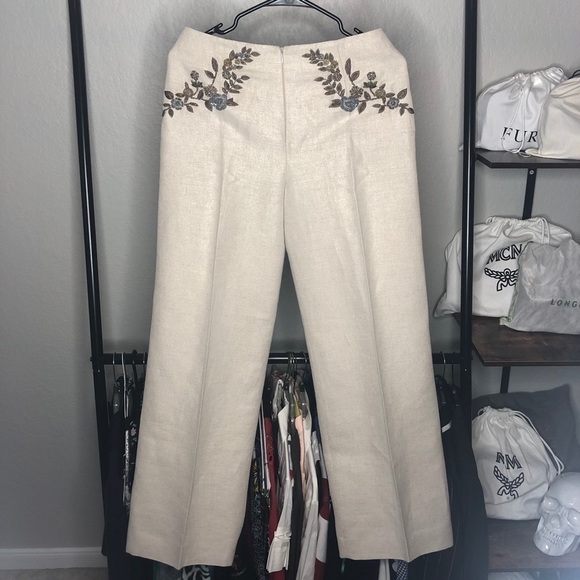 VALENTINO Boutique Embroidered Beaded Linen Wide Leg Trousers - Picture 2 of 12